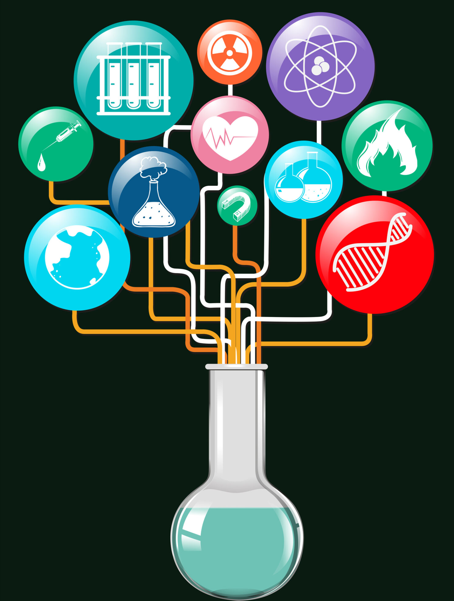 Science symbols and glass container illustration